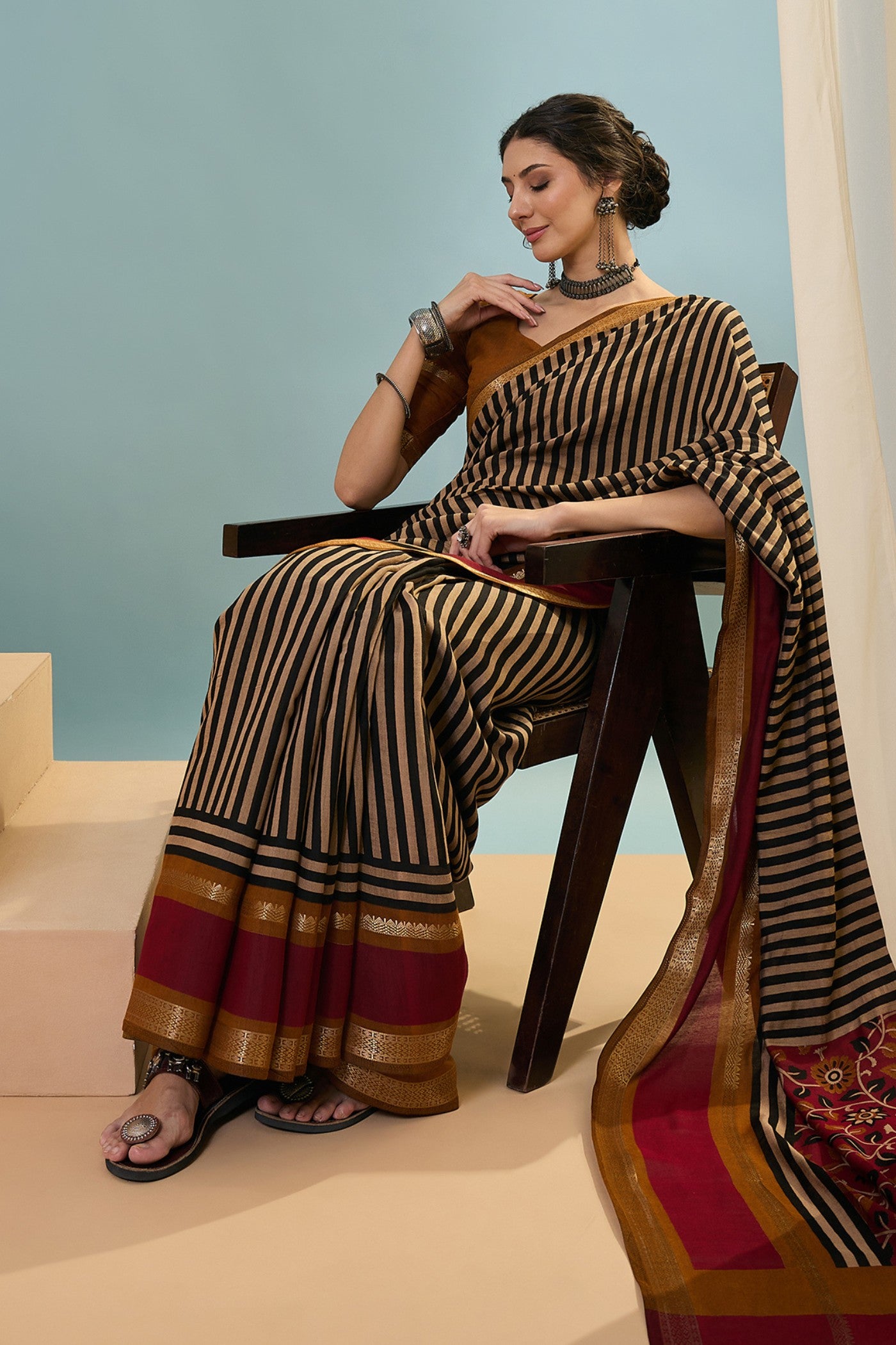 Buy MySilkLove Tawny Brown Woven Cotton Saree Online
