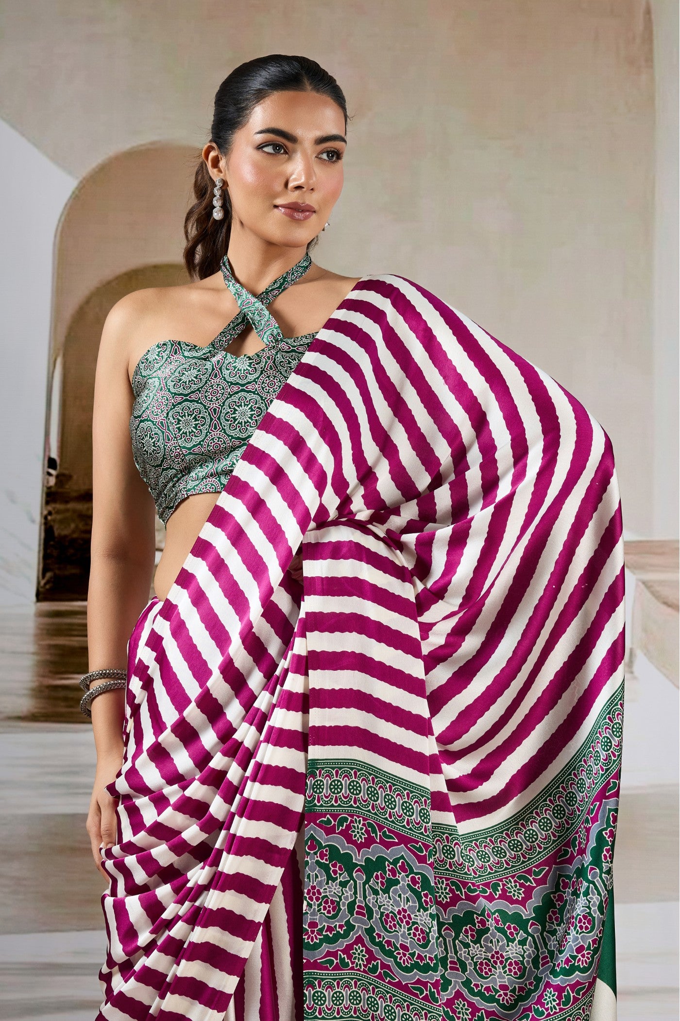 MySilkLove Winter Pink Stripe Ajrakh Printed Satin Crepe Silk Saree