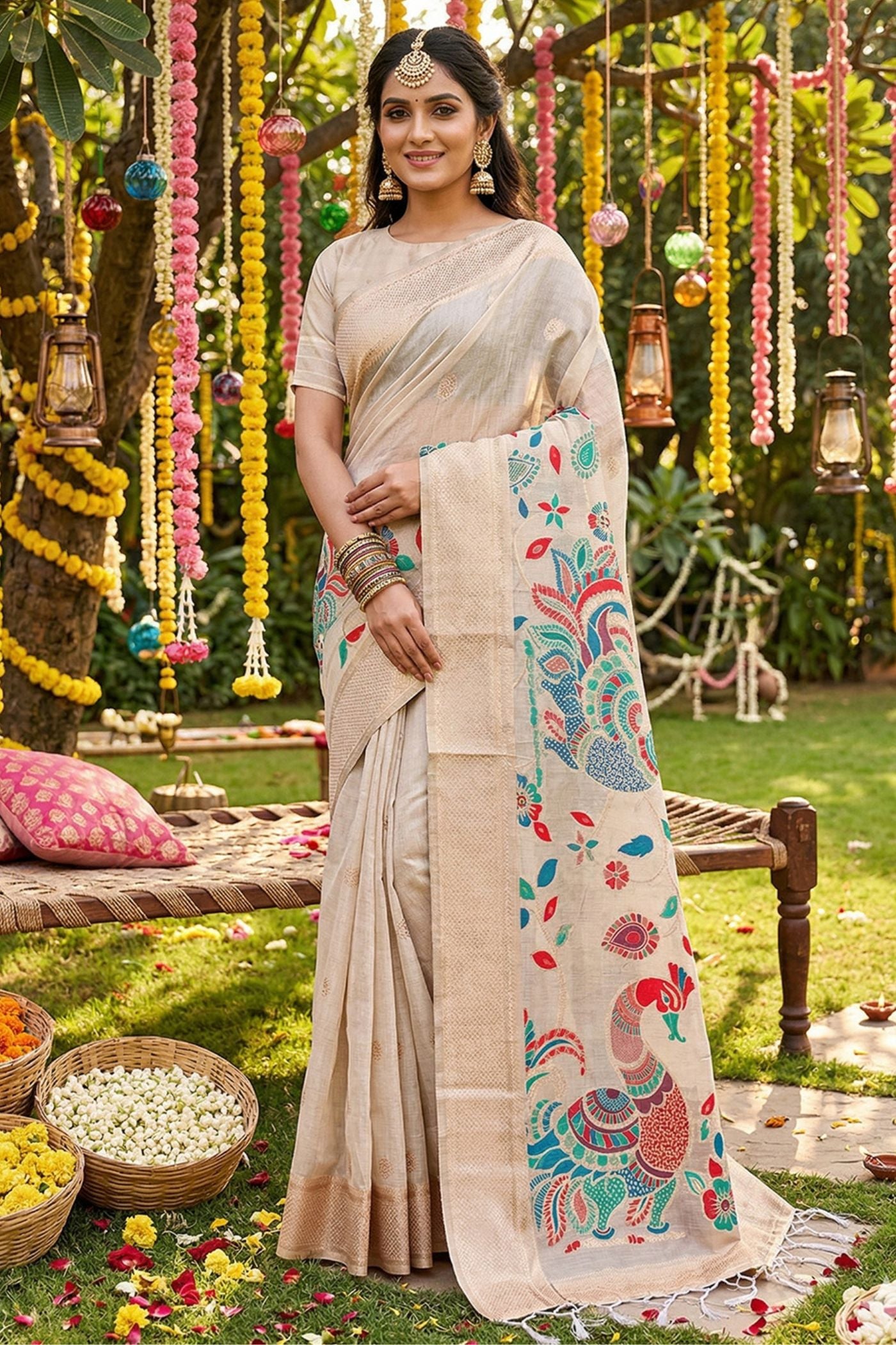 Buy MySilkLove Off-White Woven Linen Cotton Saree Online