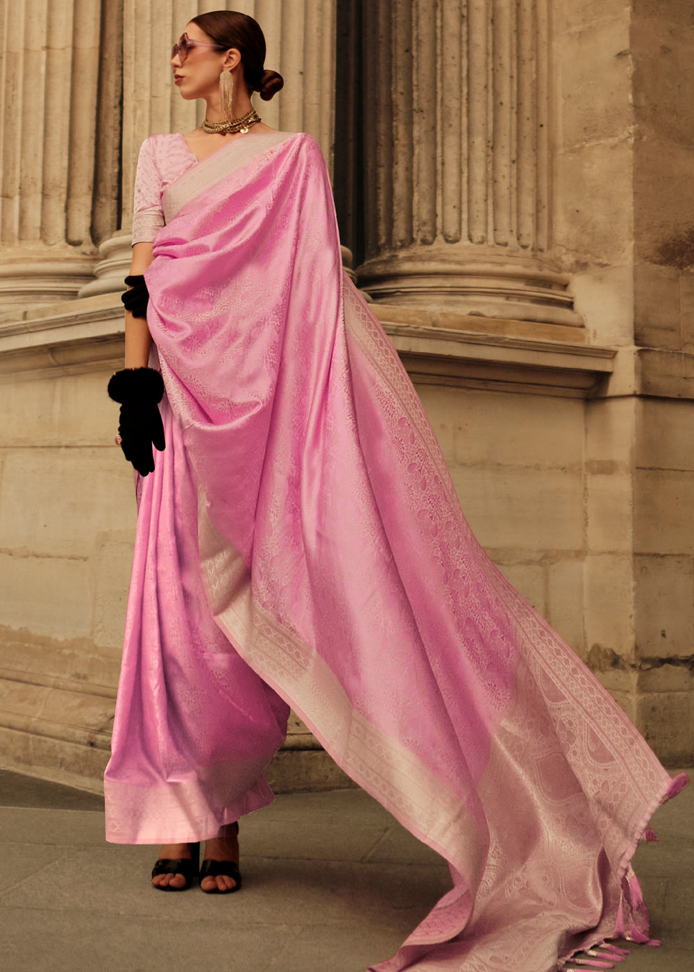 Buy MySilkLove Sea Pink Woven Banarasi Satin Silk Saree Online