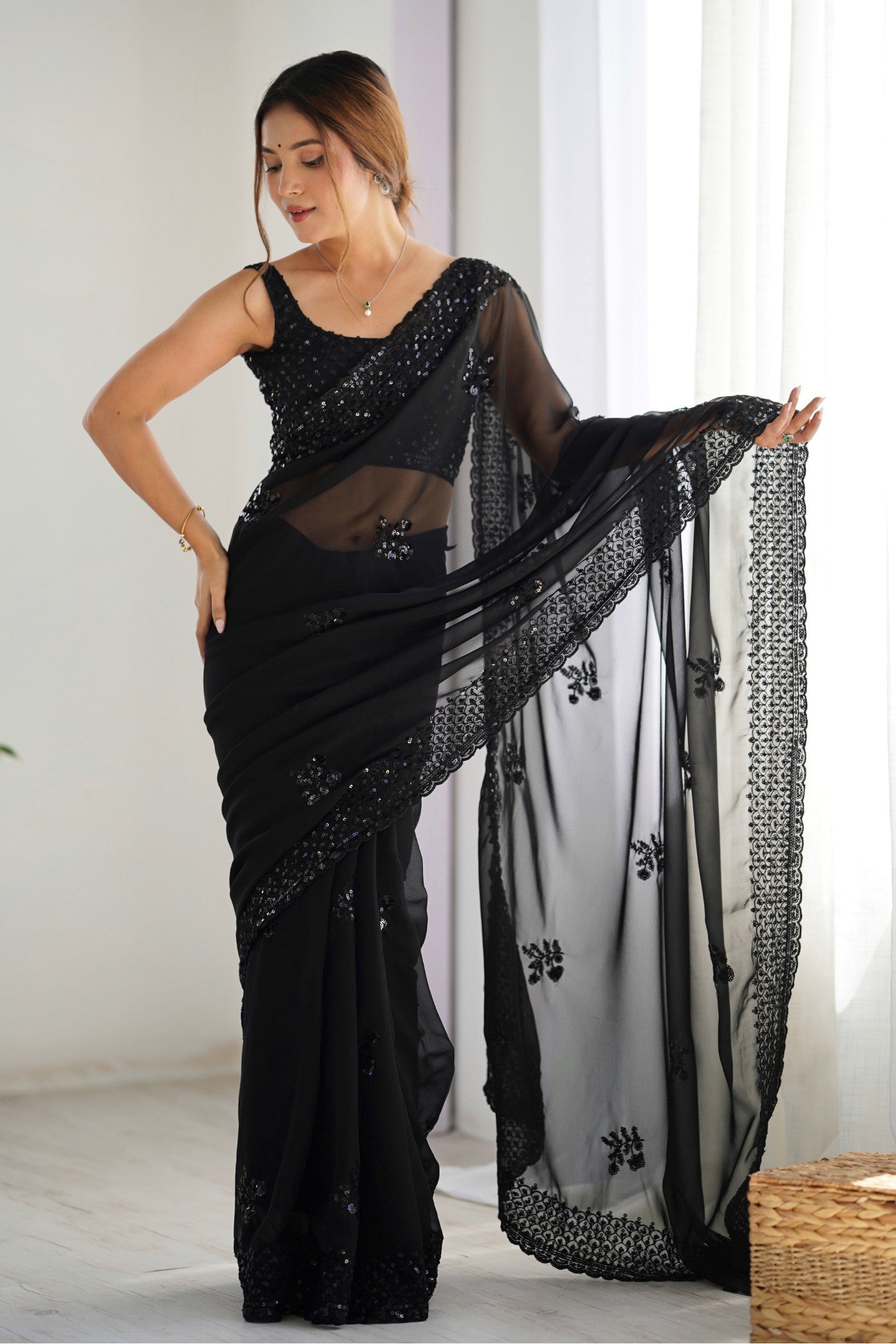 Buy MySilkLove Tuna Black Georgette Partywear Saree Online