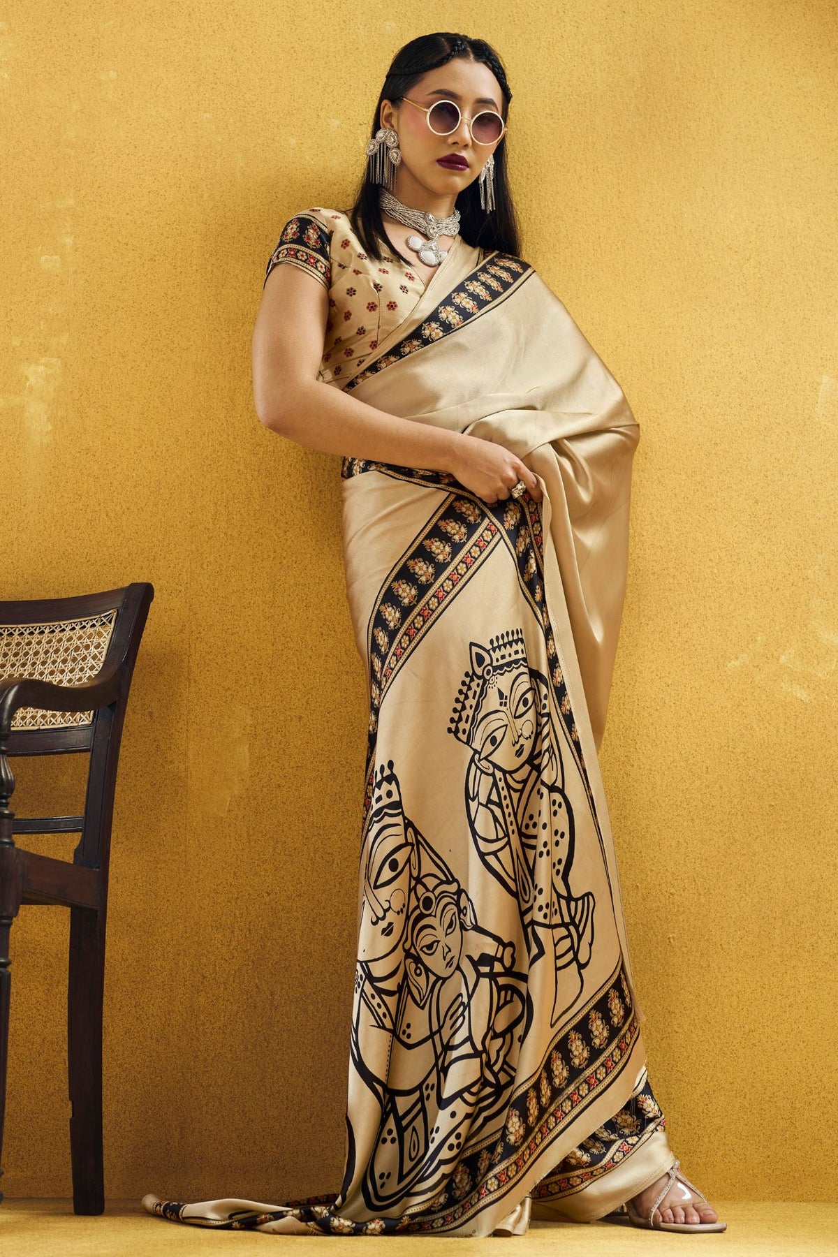 Buy MySilkLove Champagne Cream Modal Ajrakh Satin Printed Silk Saree Online