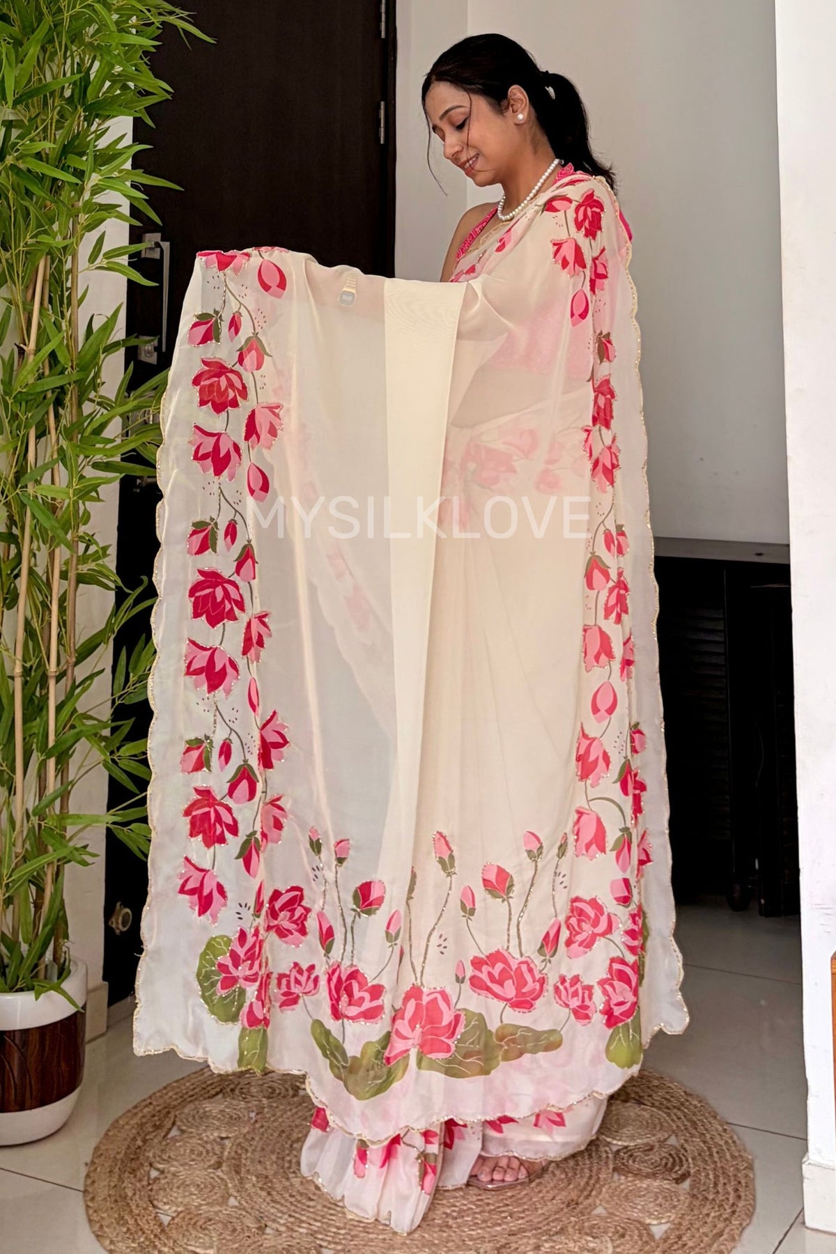 MySilkLove Magnolia White Georgette Lotus Sequin Embroidery Saree Work with Patola Designer Blouse Piece