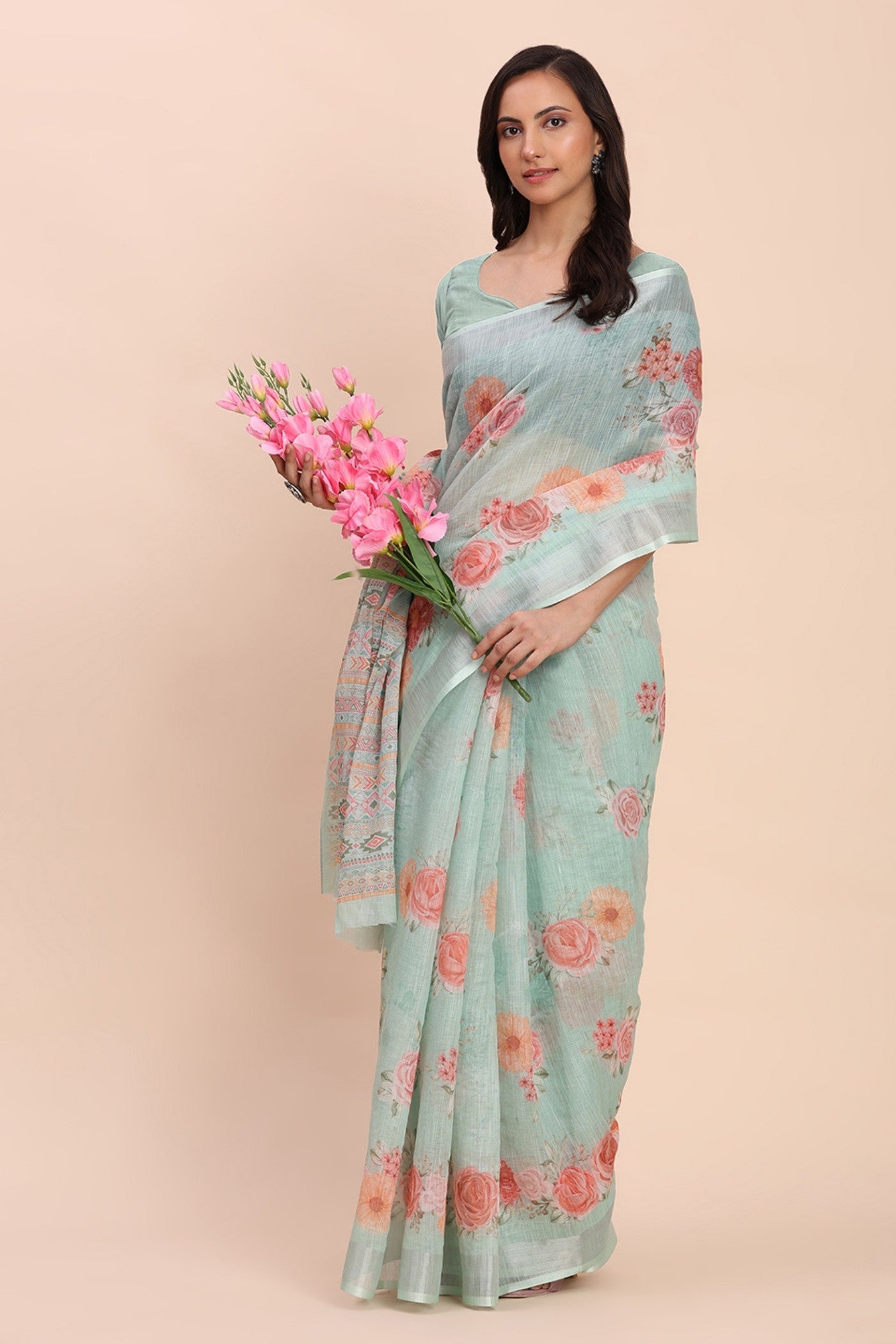 Buy MySilkLove Cyan Blue Woven Linen Cotton Saree Online