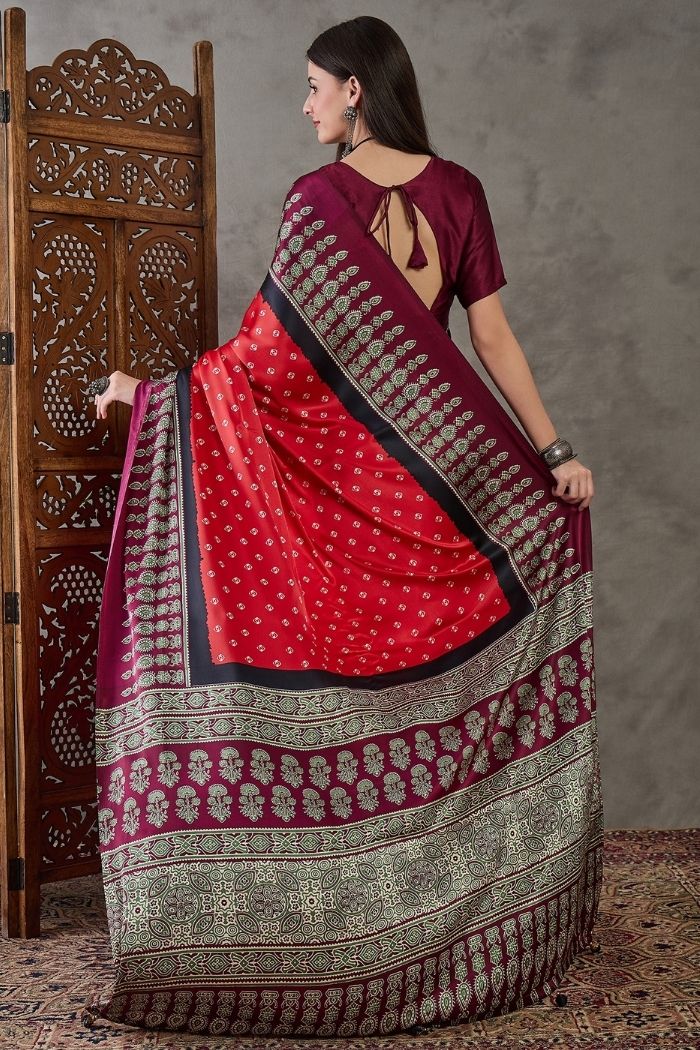 Buy MySilkLove Brick Red Ajrakh Printed Satin Gaji Silk Saree Online
