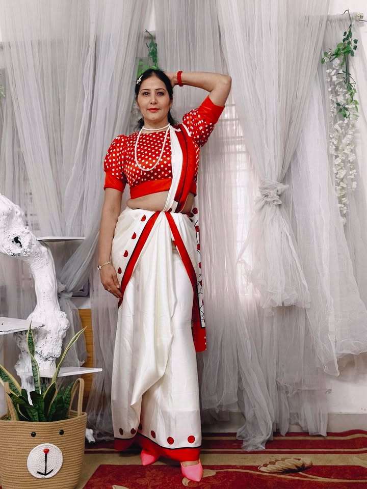 Buy MySilkLove Barn Red and White Printed Satin Crepe Silk Saree Online