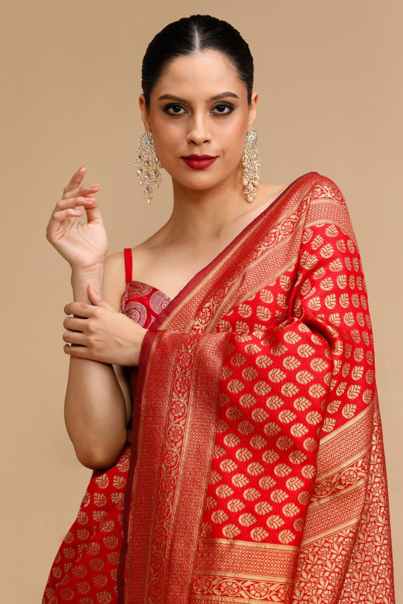 Buy MySilkLove Cherry Red Woven Jacquard Lichi Silk Saree Online