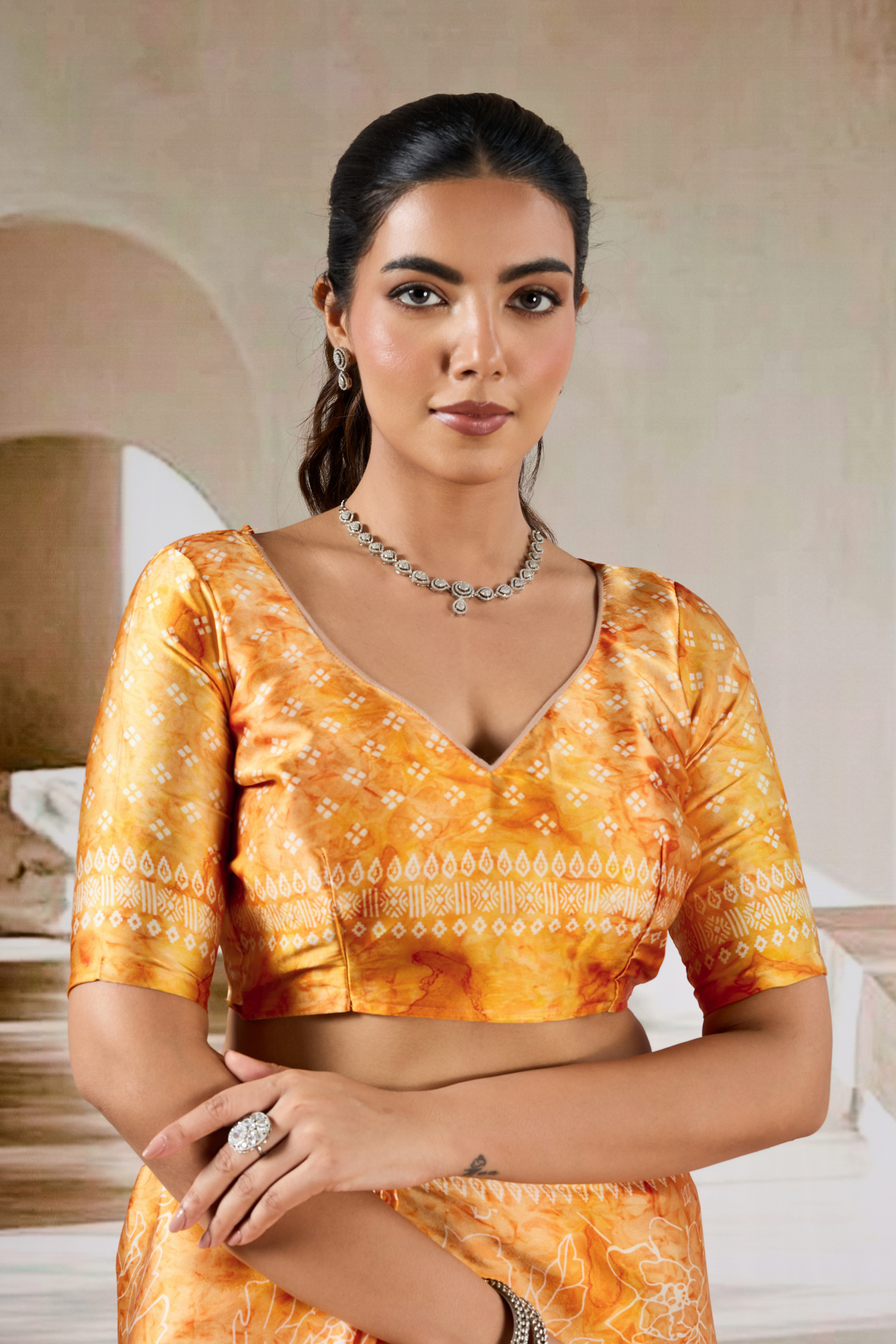 Buy MySilkLove Honey Yellow Modal Satin Hand Prism Print Saree Online