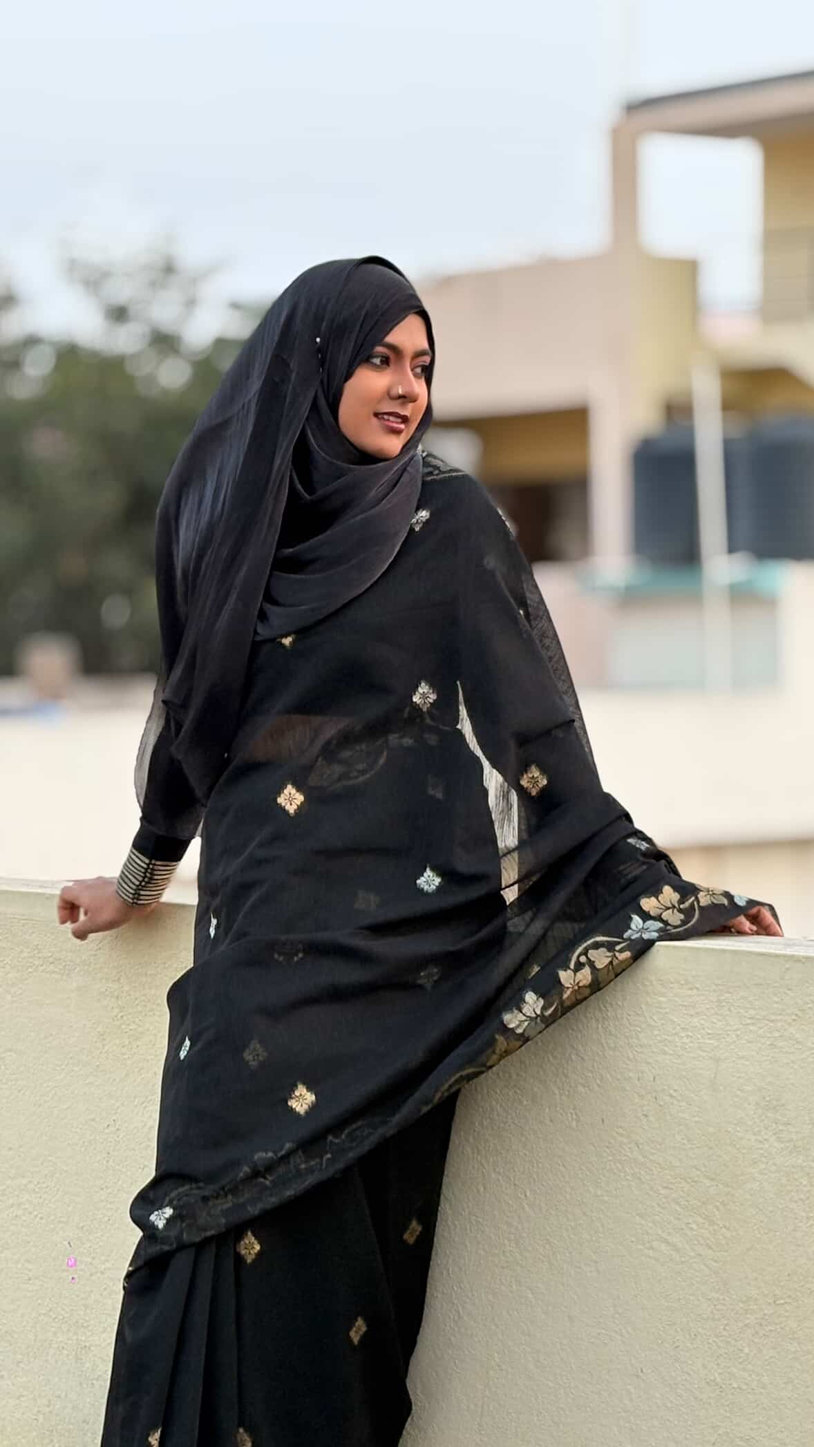 Buy MySilkLove Mid Black Floral Linen Silk Saree Online