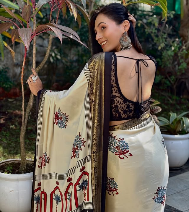 Buy MySilkLove Butter Cream and Black Printed Satin Crepe Silk Saree Online