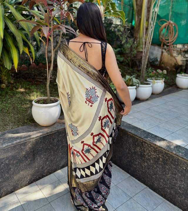 Buy MySilkLove Butter Cream and Black Printed Satin Crepe Silk Saree Online