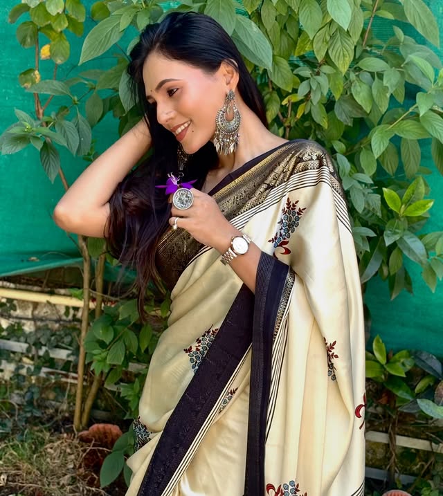 Buy MySilkLove Butter Cream and Black Printed Satin Crepe Silk Saree Online