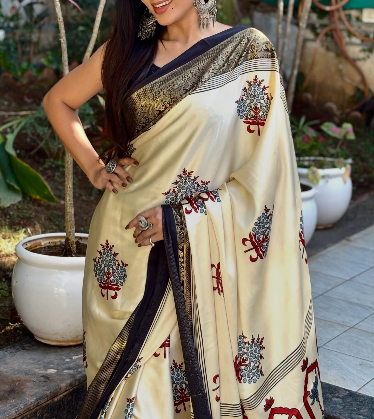 Buy MySilkLove Wheat Cream and Black Printed Satin Crepe Silk Saree Online