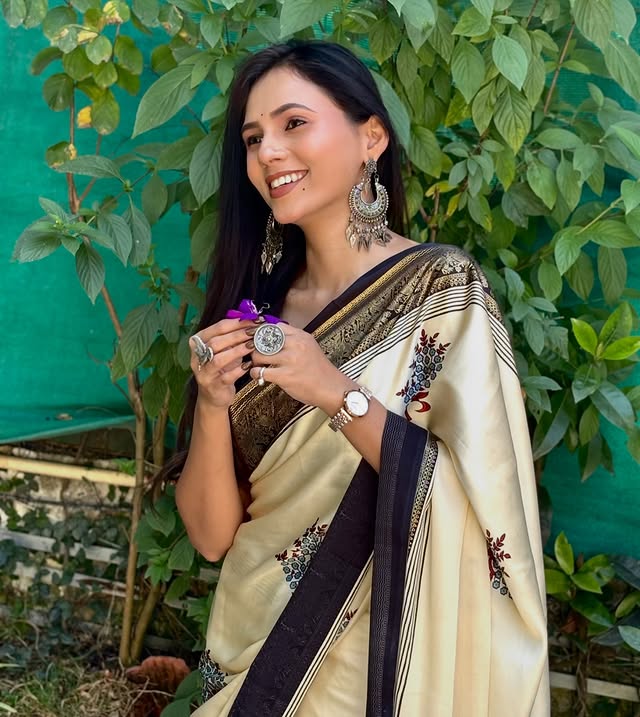 Buy MySilkLove Butter Cream and Black Printed Satin Crepe Silk Saree Online