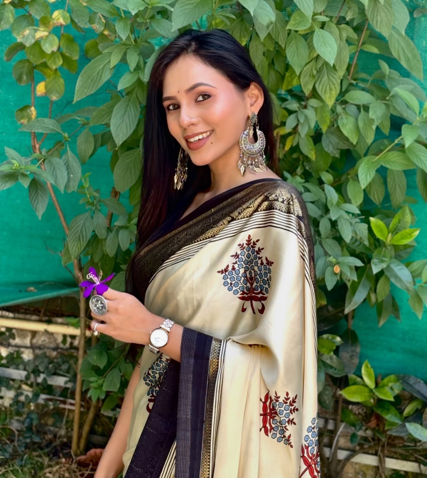 Buy MySilkLove Wheat Cream and Black Printed Satin Crepe Silk Saree Online