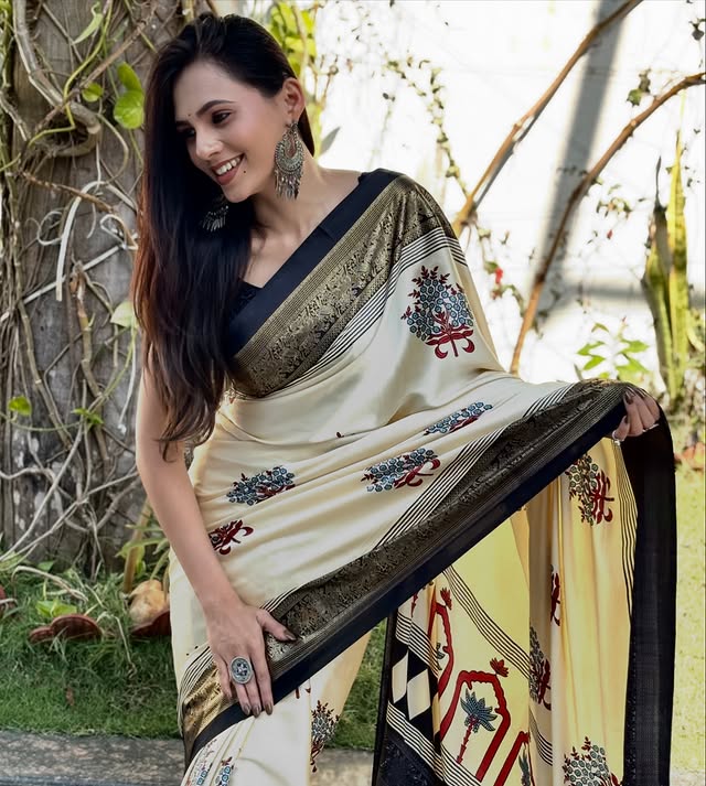 Buy MySilkLove Butter Cream and Black Printed Satin Crepe Silk Saree Online