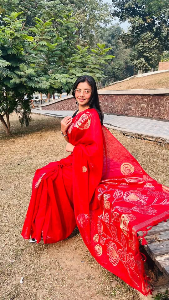 Buy MySilkLove Fire Rose Red Munga Handloom Cotton Saree Online