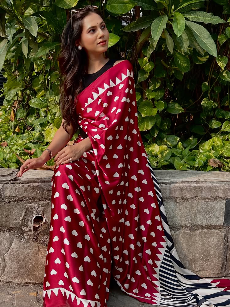 Buy MySilkLove Valentine's Day Special : Geranium Red Heart Shaped Printed Satin Crepe Silk Saree Online