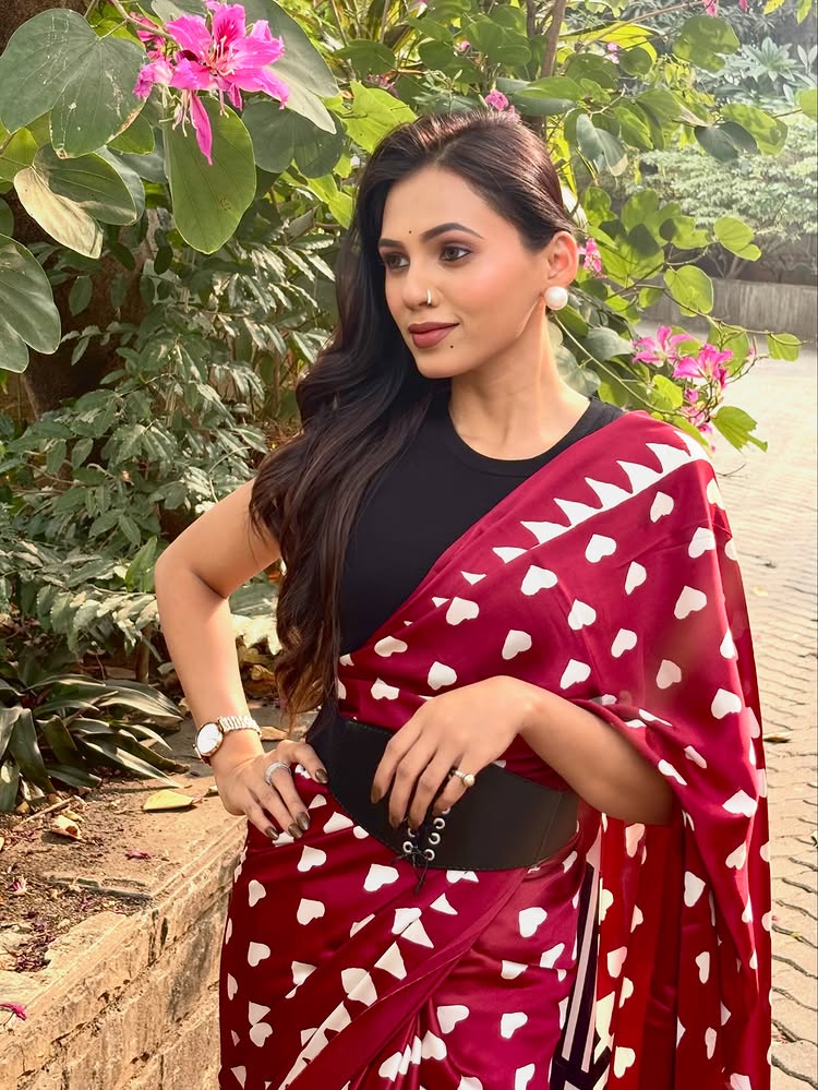 Buy MySilkLove Valentine's Day Special : Geranium Red Heart Shaped Printed Satin Crepe Silk Saree Online