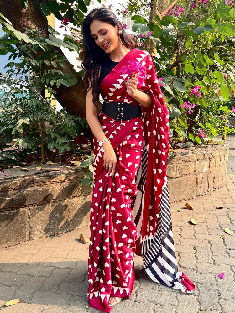 Buy MySilkLove Valentine's Day Special : Geranium Red Heart Shaped Printed Satin Crepe Silk Saree Online