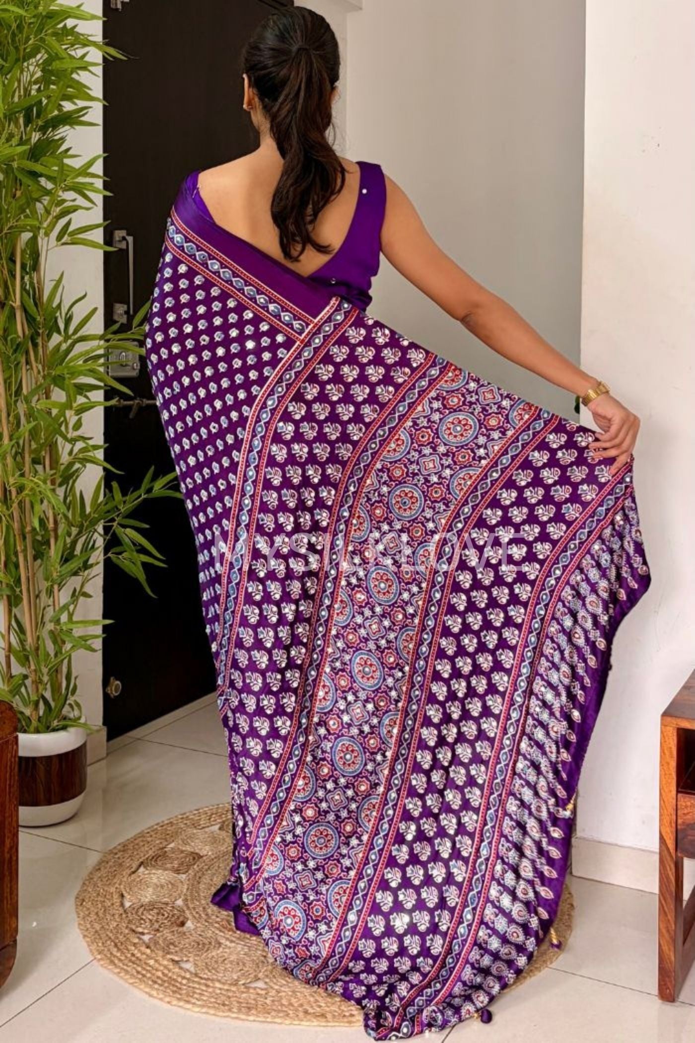 Buy MySilkLove Regalia Purple Modal Ajrakh Satin Printed Mirror Work Saree Online