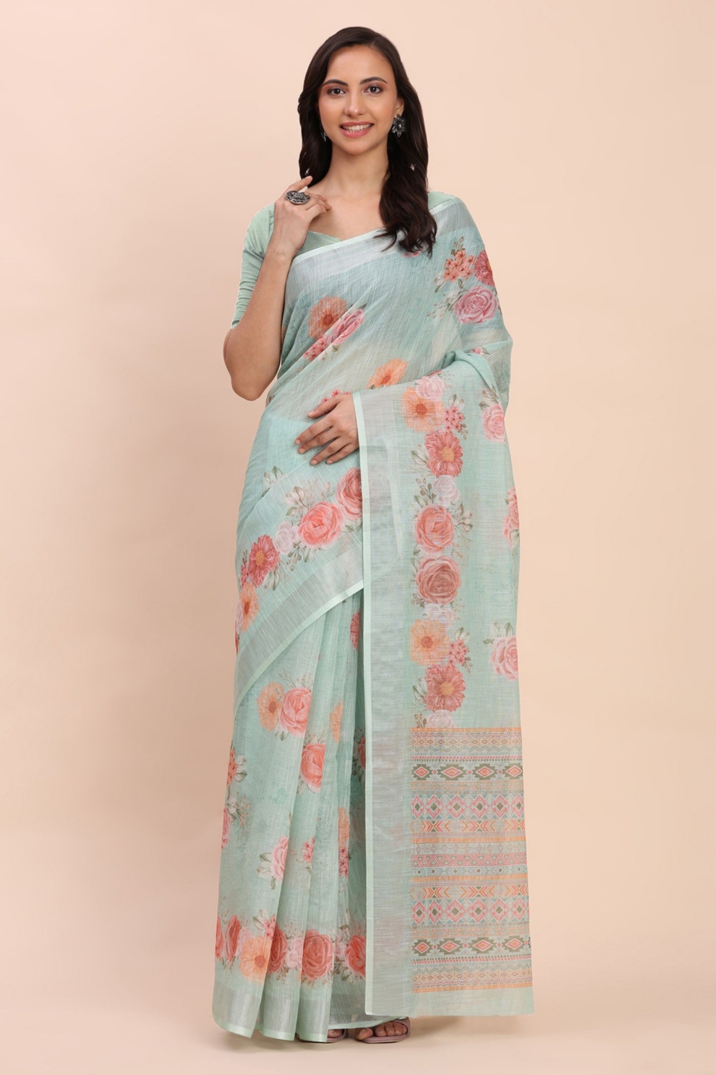 Buy MySilkLove Cyan Blue Woven Linen Cotton Saree Online