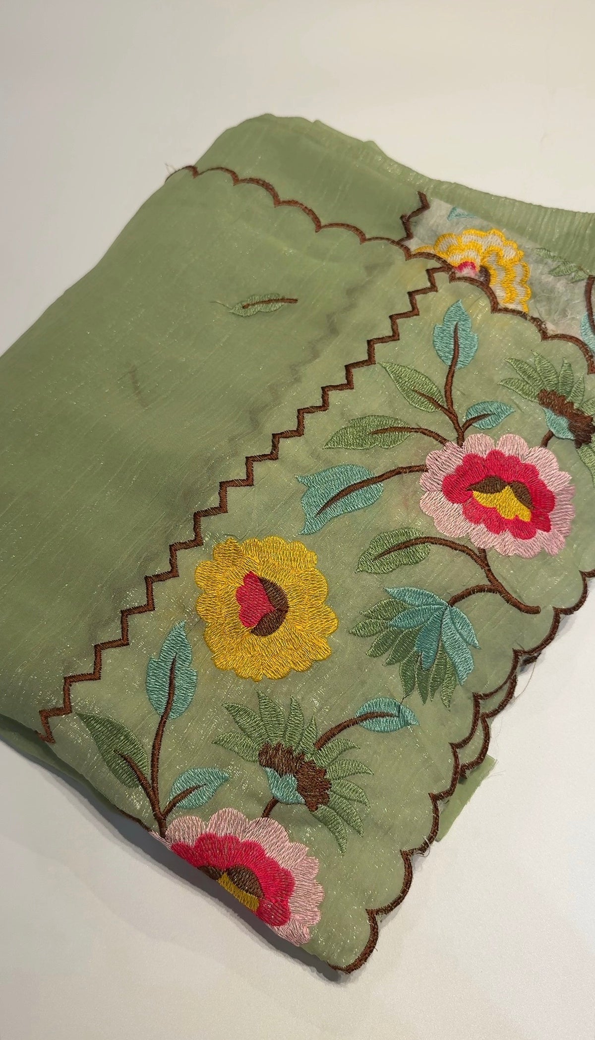 Buy MySilkLove Cornsilk Yellow Floral Embroidery Crunchy Chiffon Saree Online