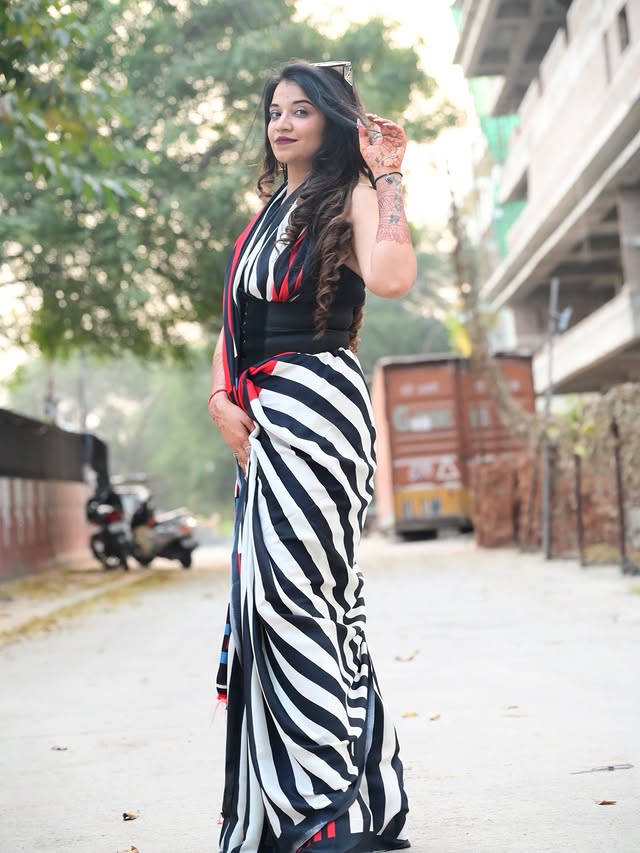 Buy MySilkLove Crow Black and White Stripes Printed Satin Crepe Silk Saree Online