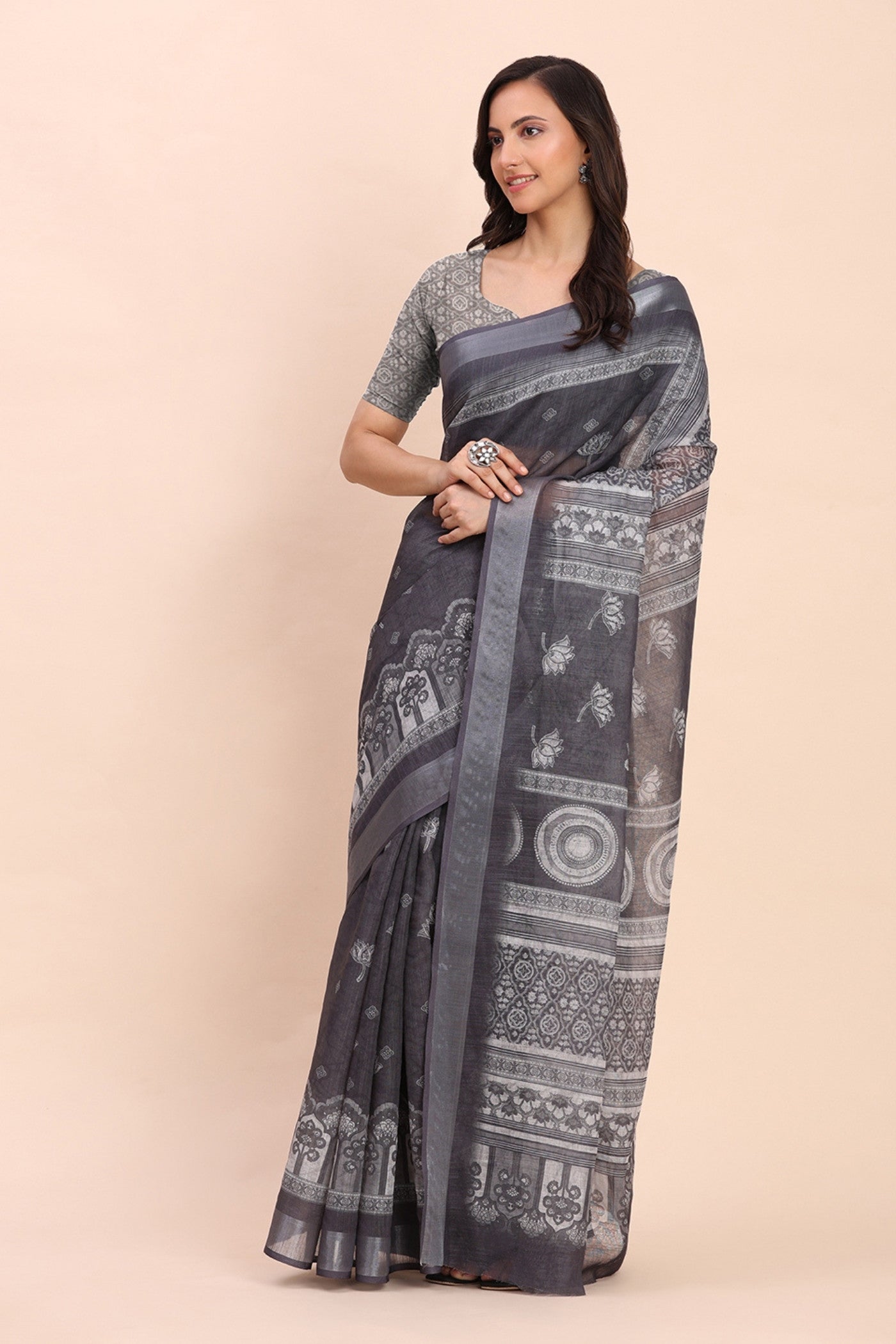 Buy MySilkLove Gunmetal Grey Woven Linen Cotton Saree Online