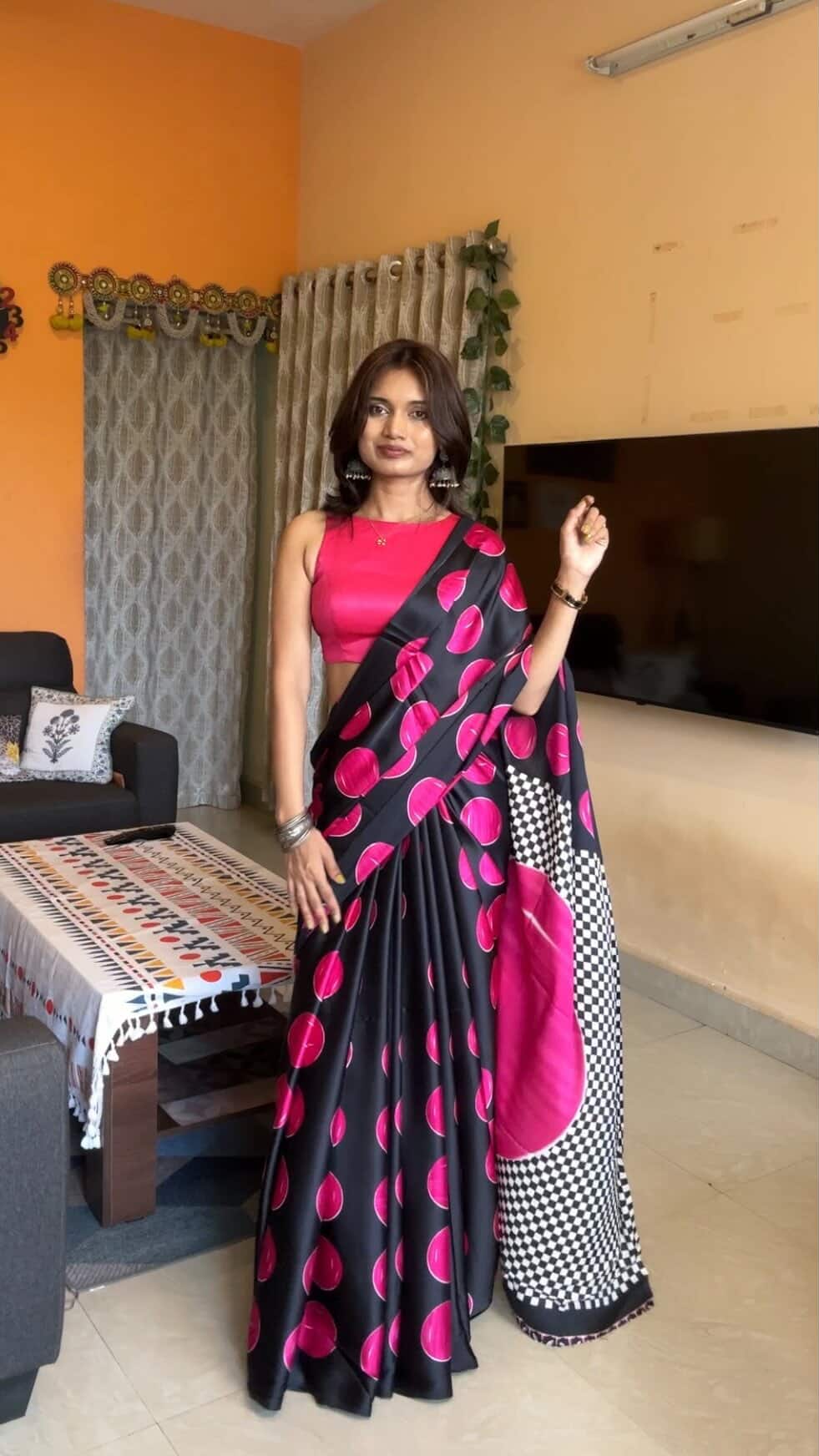 Buy MySilkLove Brick Pink Printed Polka Dots Satin Crepe Saree Online
