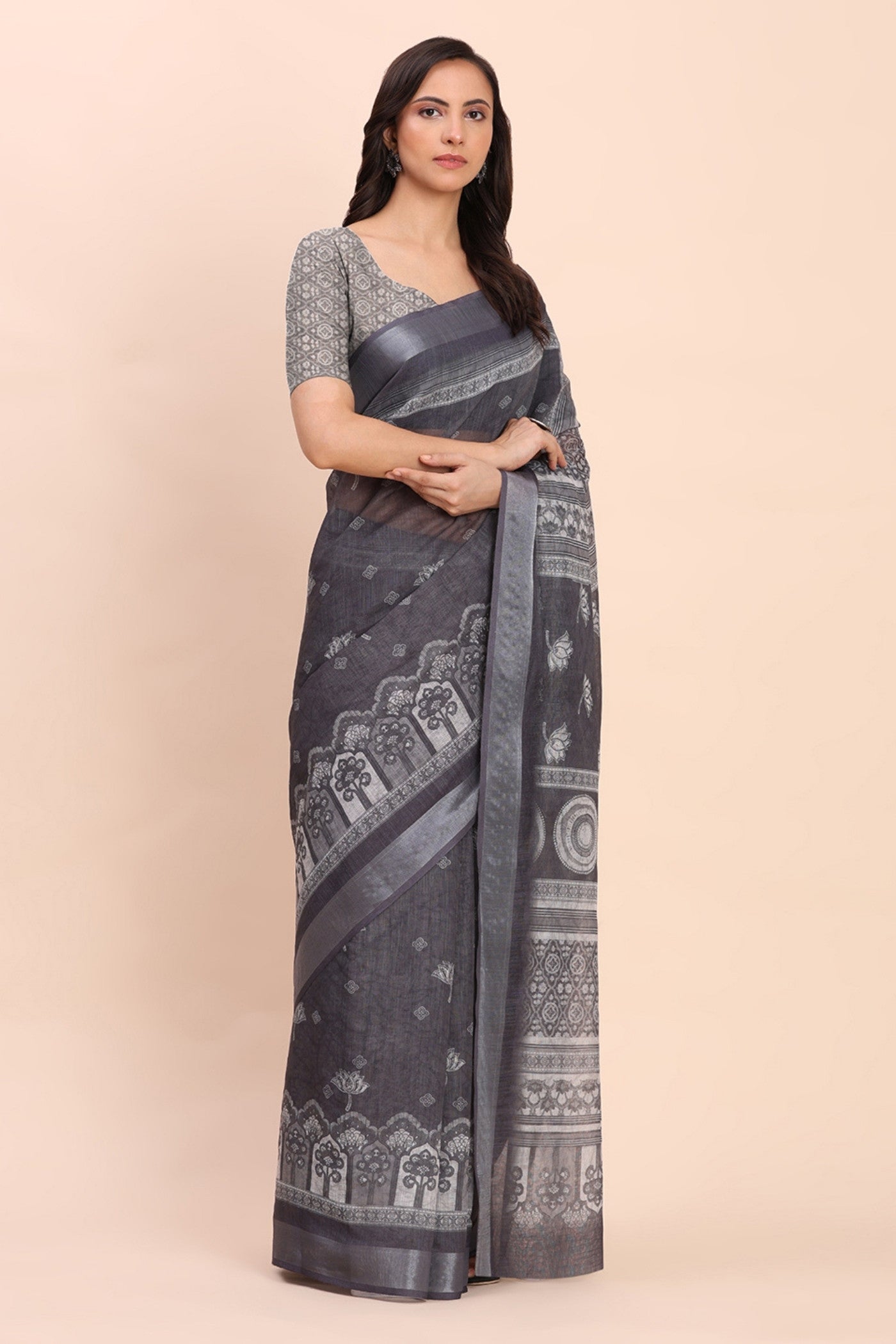 Buy MySilkLove Gunmetal Grey Woven Linen Cotton Saree Online
