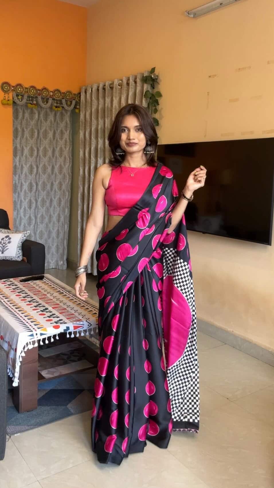 MySilkLove Brick Pink Printed Polka Dots Satin Crepe Saree