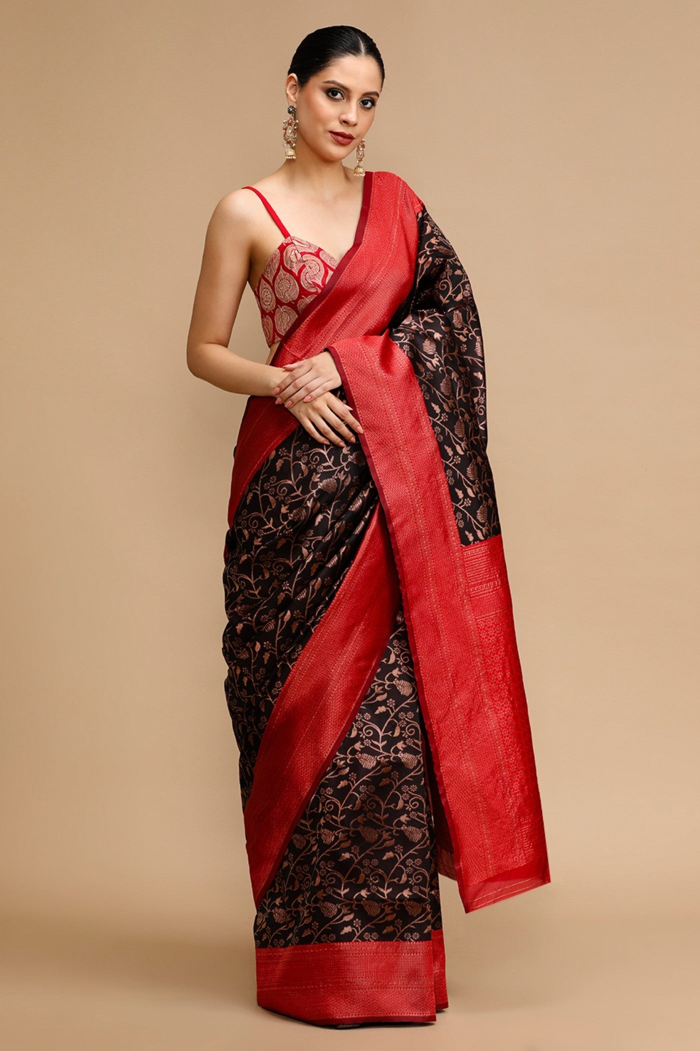 Buy MySilkLove Bean Black and Red Woven Jacquard Lichi Silk Saree Online