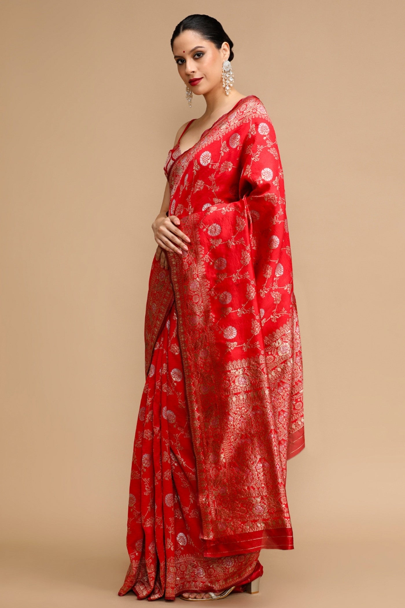 Buy MySilkLove Scarlet Red Woven Jacquard Lichi Silk Saree Online
