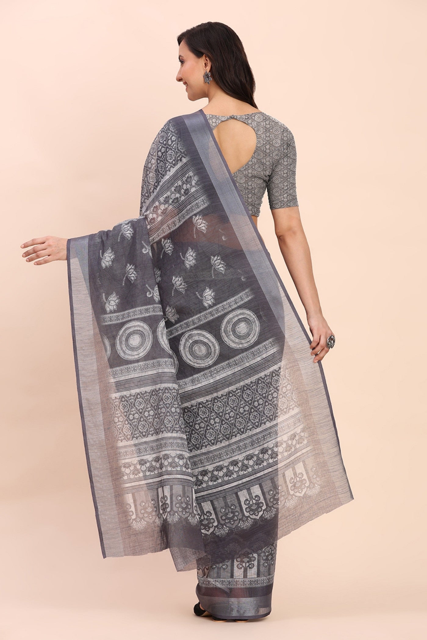 Buy MySilkLove Gunmetal Grey Woven Linen Cotton Saree Online