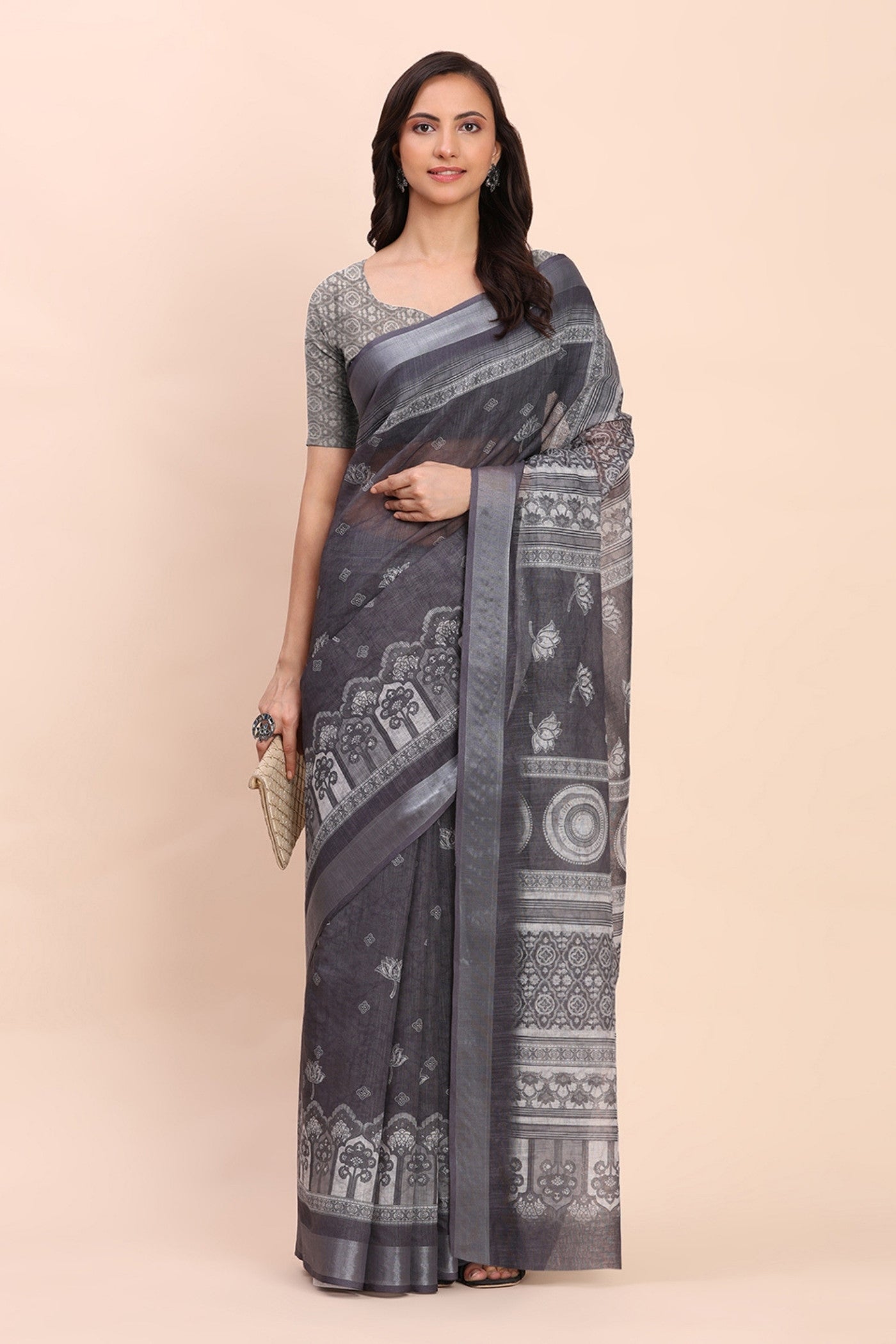 Buy MySilkLove Gunmetal Grey Woven Linen Cotton Saree Online