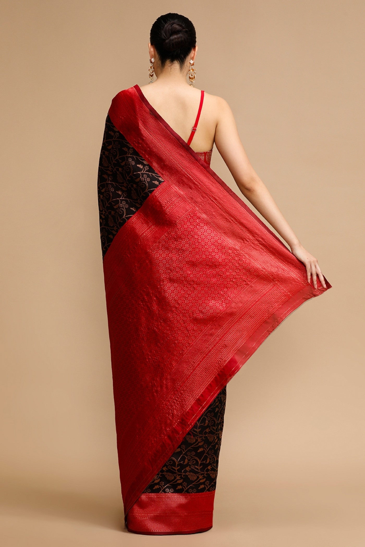 Buy MySilkLove Bean Black and Red Woven Jacquard Lichi Silk Saree Online