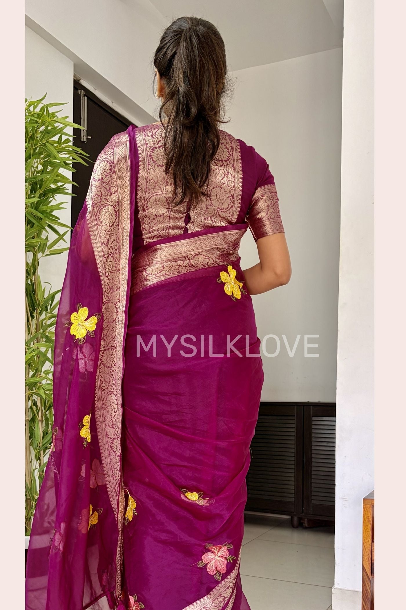 Buy MySilkLove Magenta Pink Woven Tissue Floral Saree Without Blouse Online