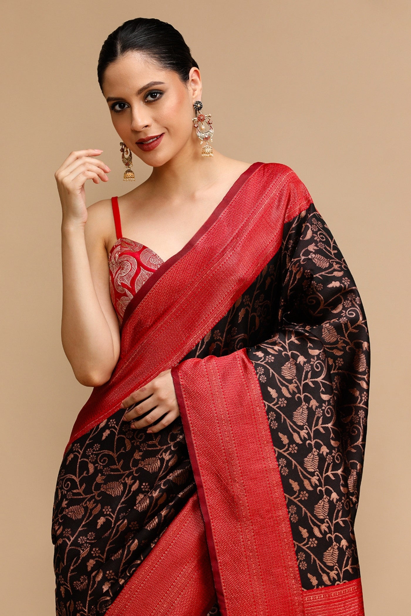 Buy MySilkLove Bean Black and Red Woven Jacquard Lichi Silk Saree Online