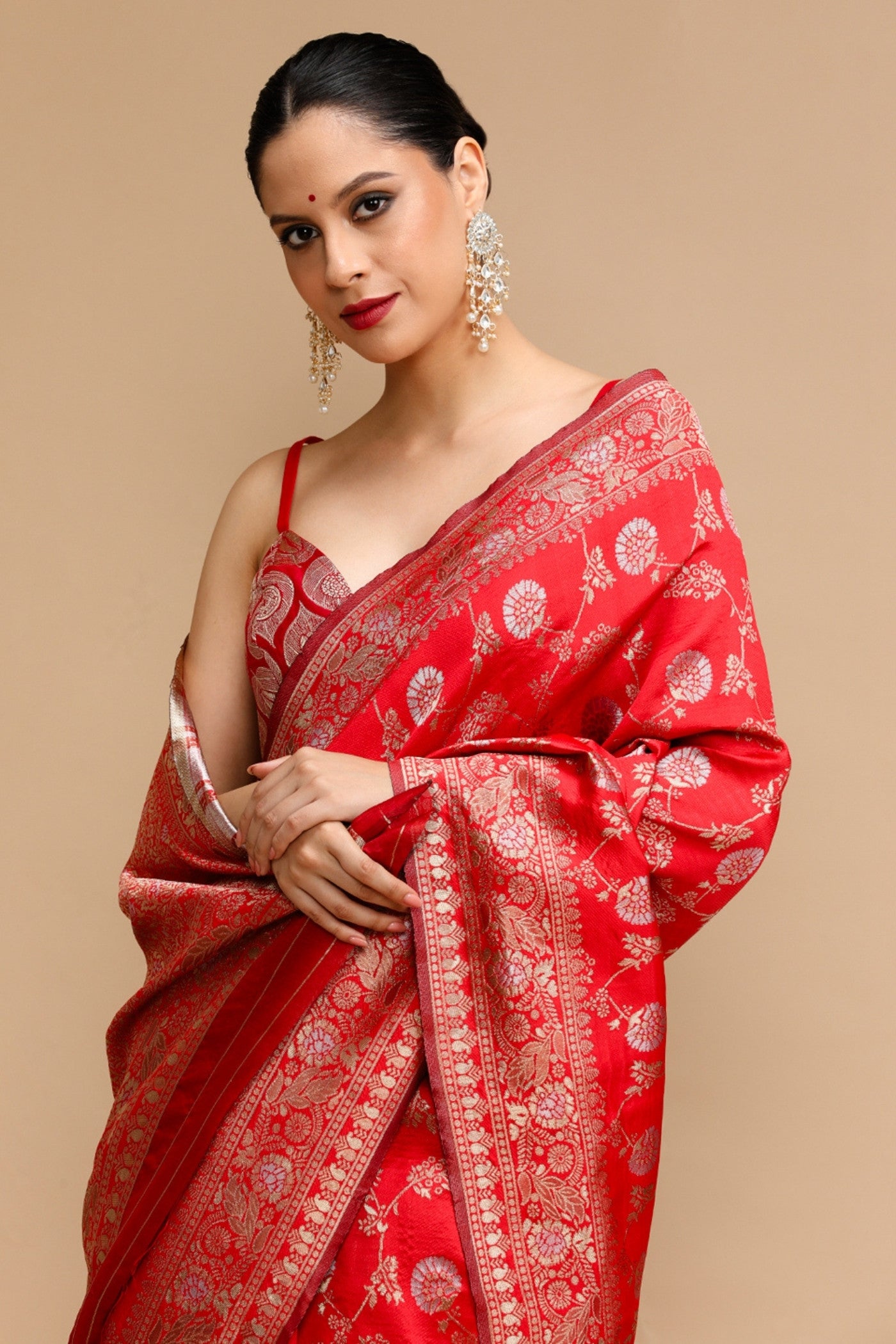 Buy MySilkLove Scarlet Red Woven Jacquard Lichi Silk Saree Online
