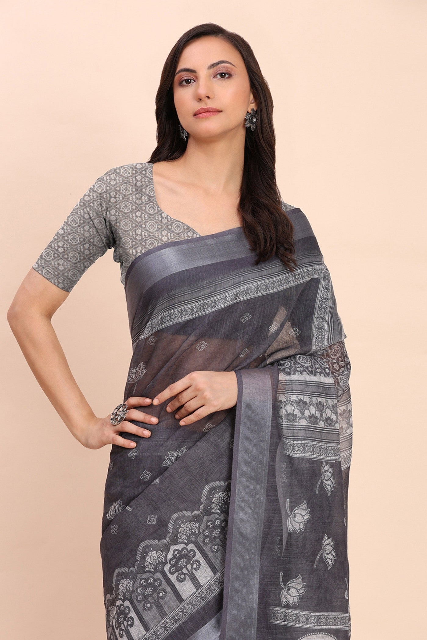 Buy MySilkLove Gunmetal Grey Woven Linen Cotton Saree Online