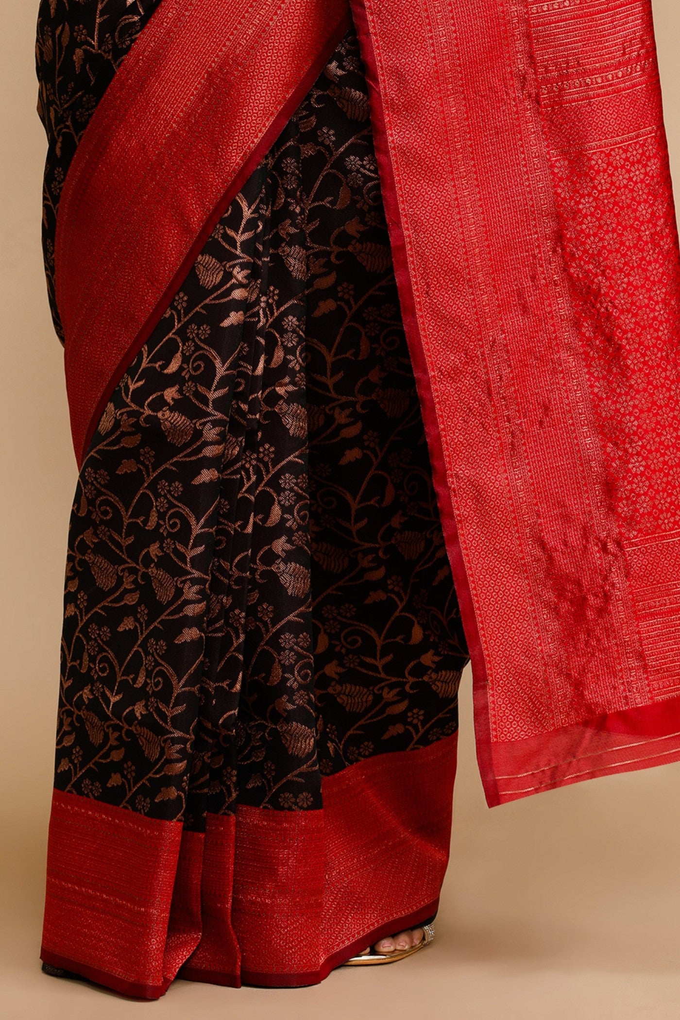 Buy MySilkLove Bean Black and Red Woven Jacquard Lichi Silk Saree Online