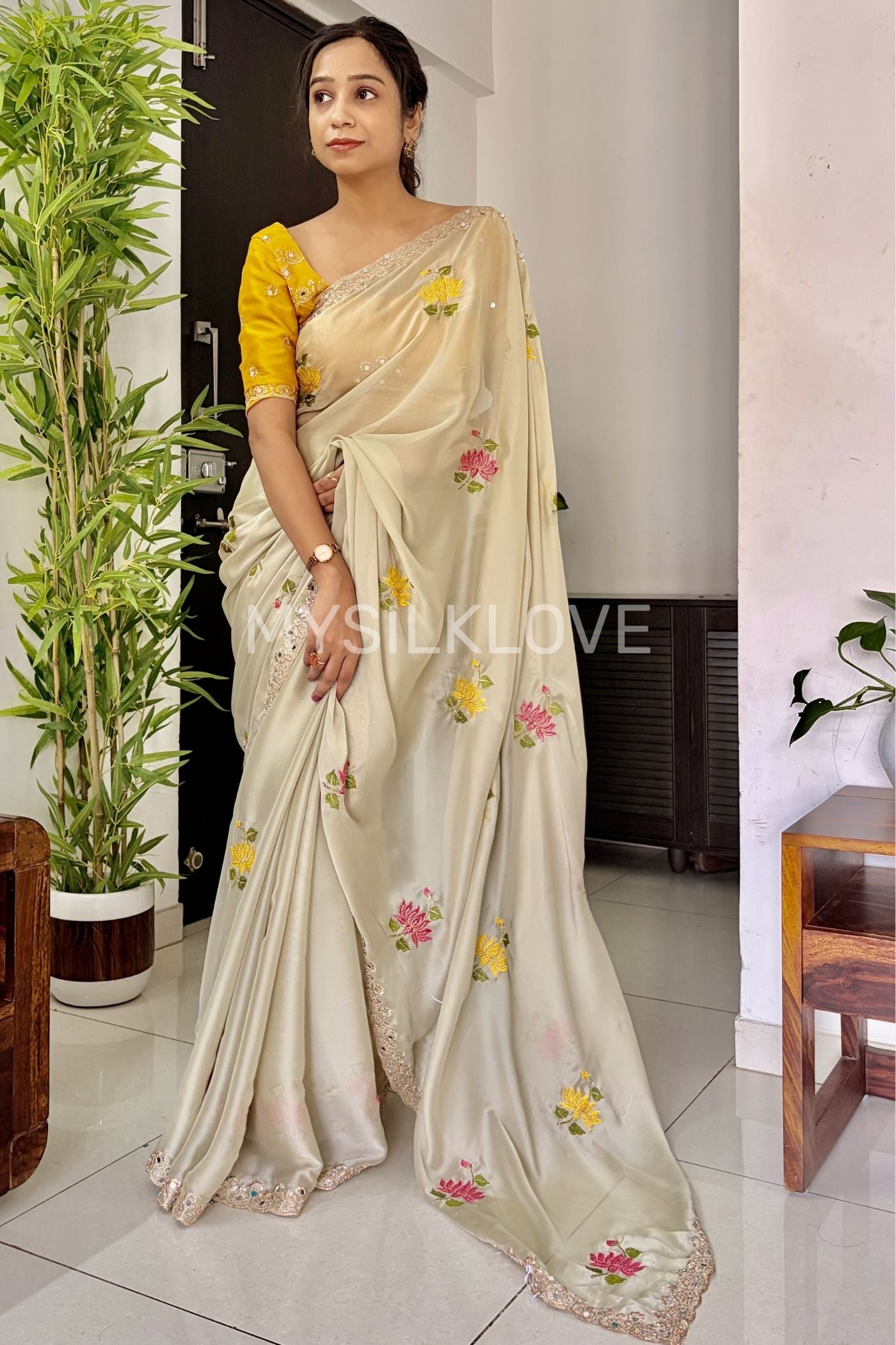MySilkLove Milk Cream and Yellow Embroidery Chiffon Floral Saree Without Blouse