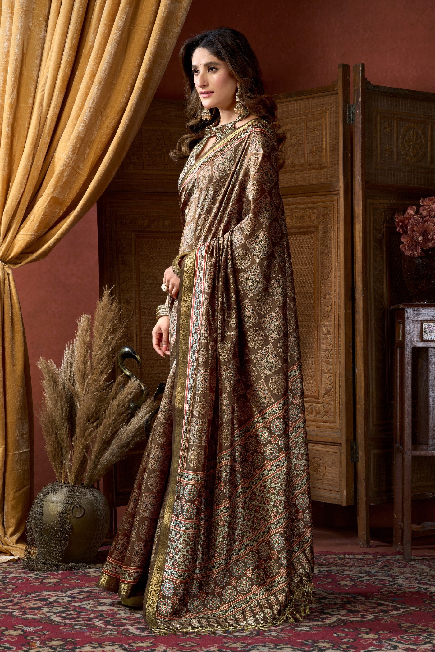 Buy MySilkLove Forest Green Ajrakh Printed Saree Online