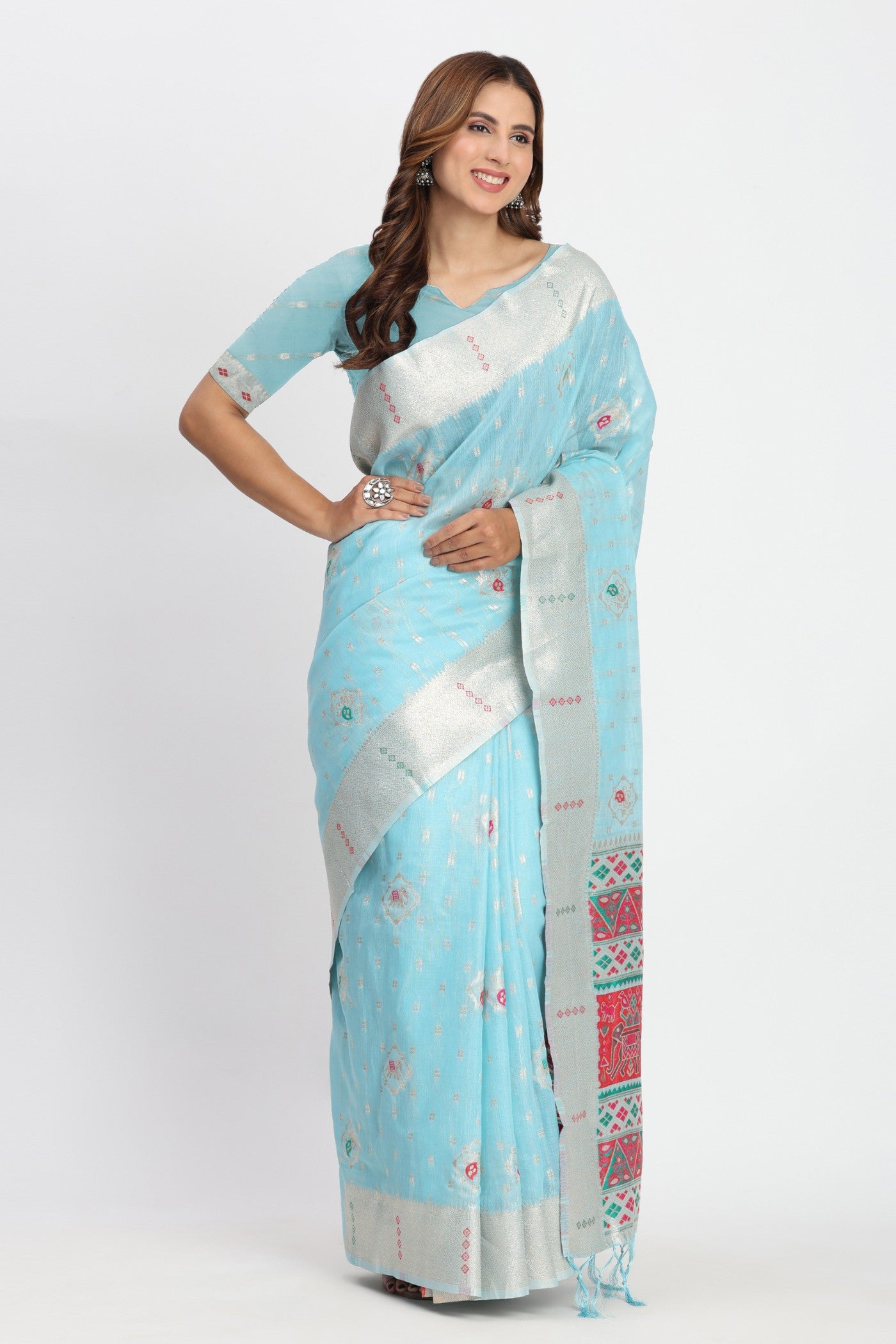 Buy MySilkLove Sky Blue Woven Linen Cotton Saree Online