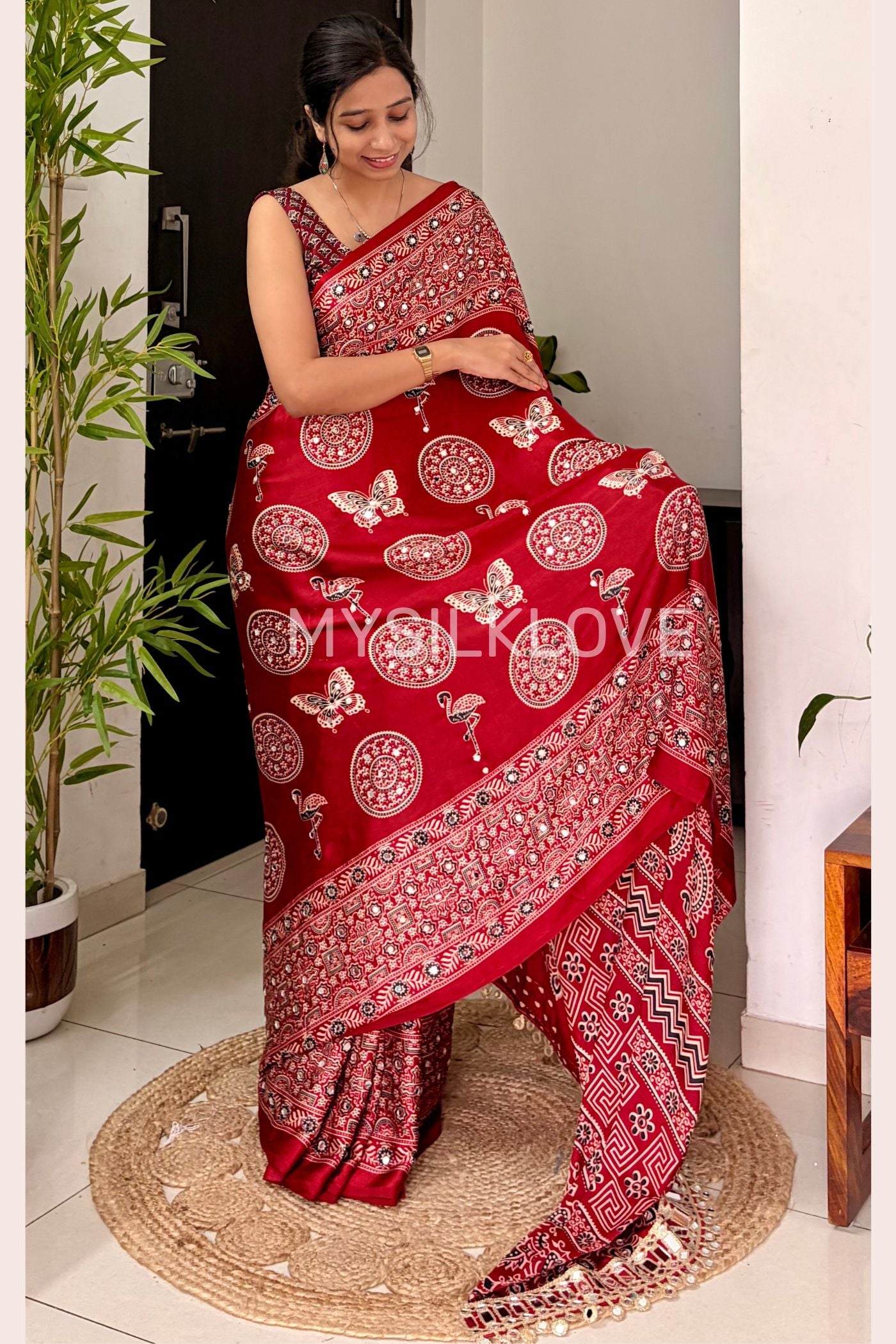 Buy MySilkLove Chili Red Ajrakh Satin Printed Mirror Work Saree Online