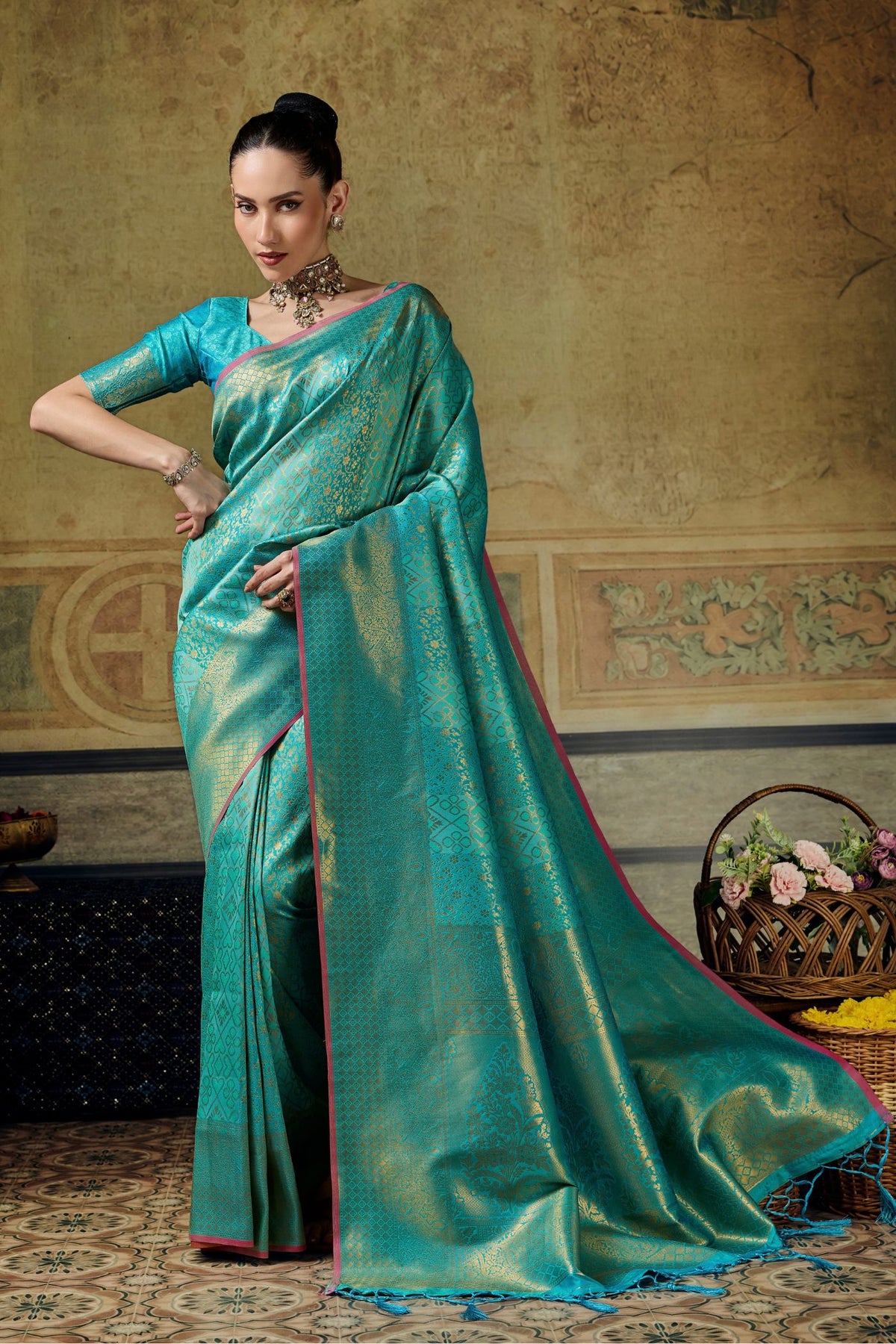 Buy MySilkLove Teal Blue Kanjivaram Handloom Saree Online