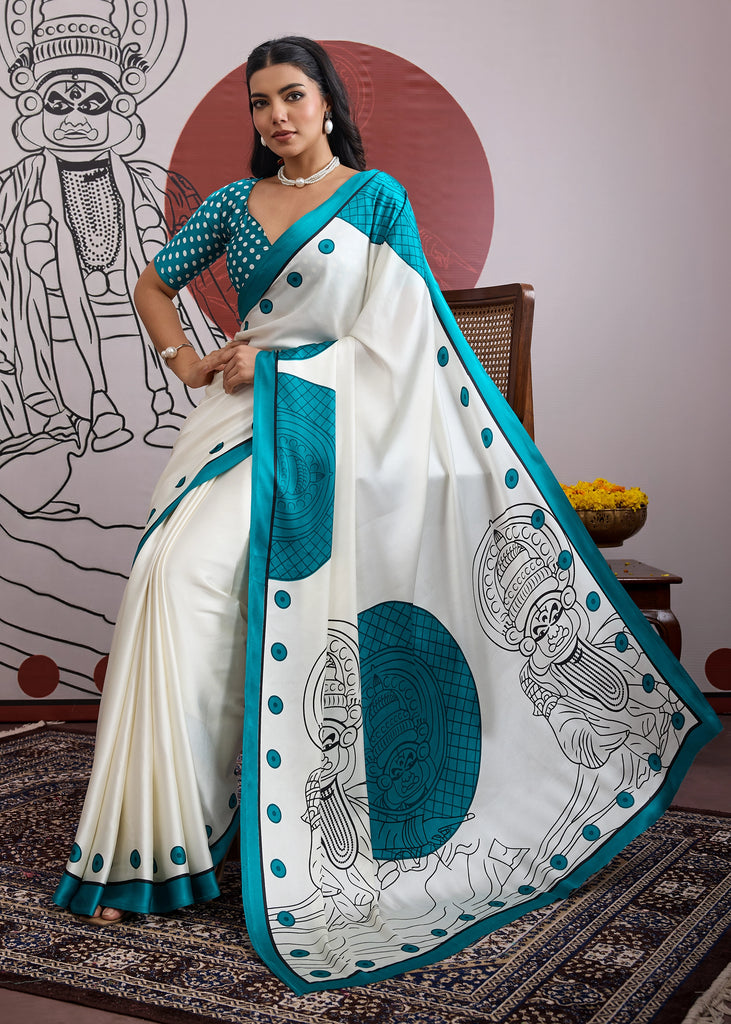Buy MySilkLove Steel Blue and White Printed Satin Crepe Silk Saree Online