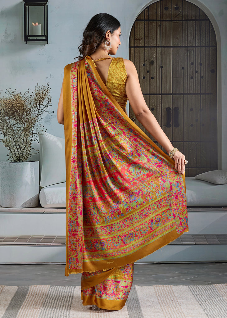 Buy MySilkLove Daisy Yellow Printed Satin Crepe Silk Saree Online