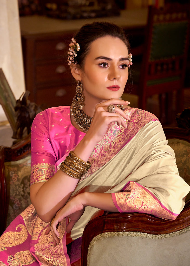 Buy MySilkLove Vanilla Cream Woven Banarasi Soft Silk Saree Online